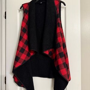 Red and Black Plaid Open Vest